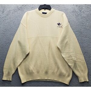 Vtg Guy Harvey Sweater Mens Large Yellow‎ Chunky Knit Embroidered Marlin Fish